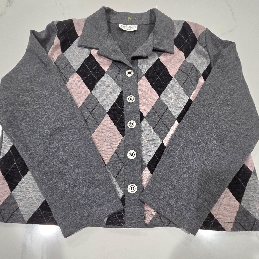 VTG Kate Allen Gray Argyle Cardigan Size L NWOT.